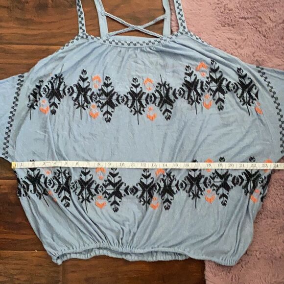 Free People Blue Embroidered Cold Shoulder Top Contemporary Festival Boho - Picture 11 of 14